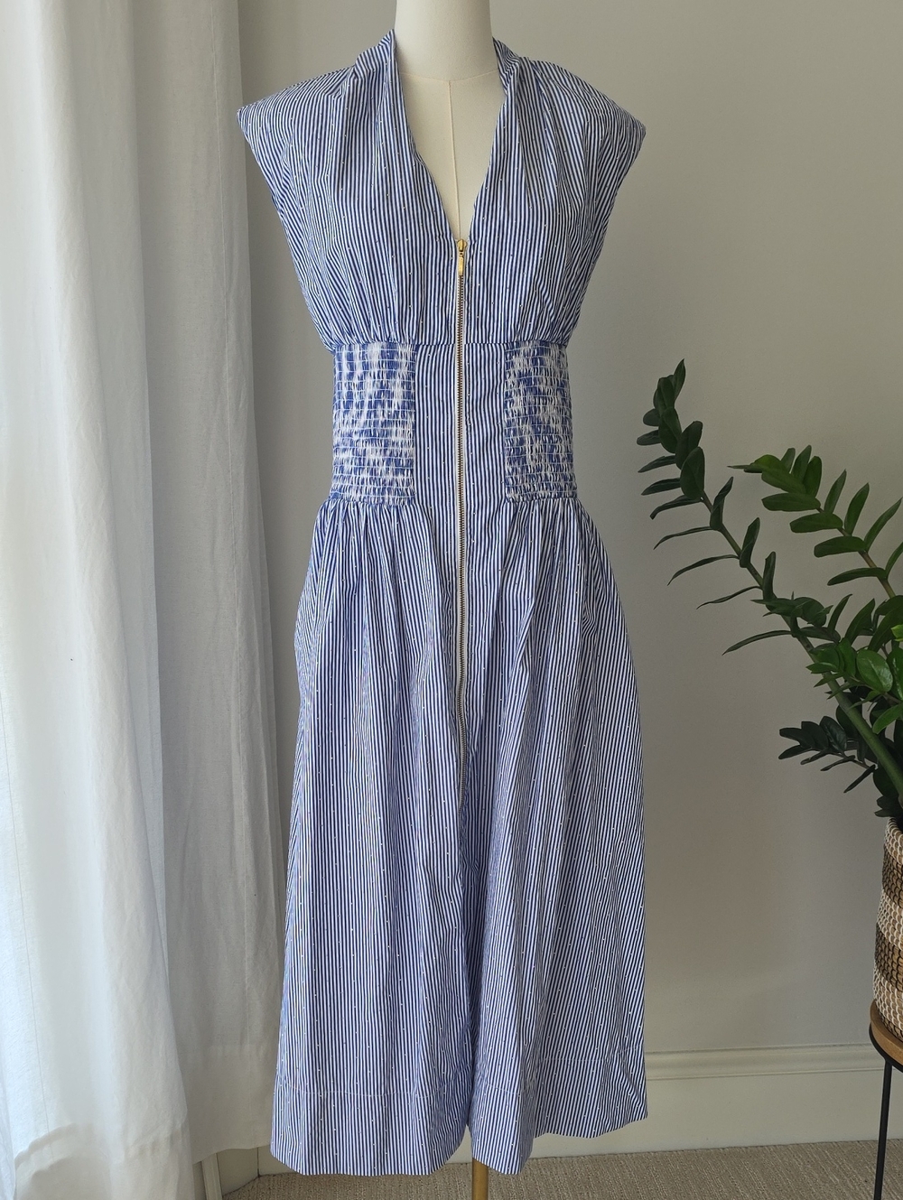 Anthropologie Blue and White Striped Midi Dress with Zip Front